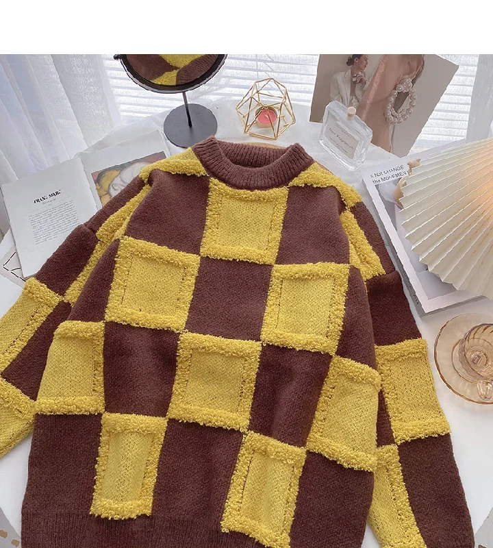 Fashionable And Versatile Vintage Plaid contrast flocked sweater female  5993
