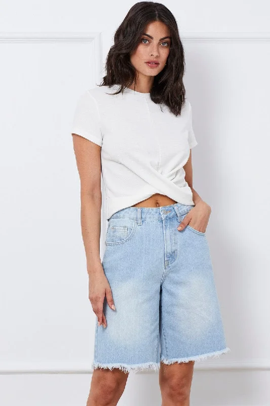 High-end Wear Blue Knee Length Denim Shorts High Rise