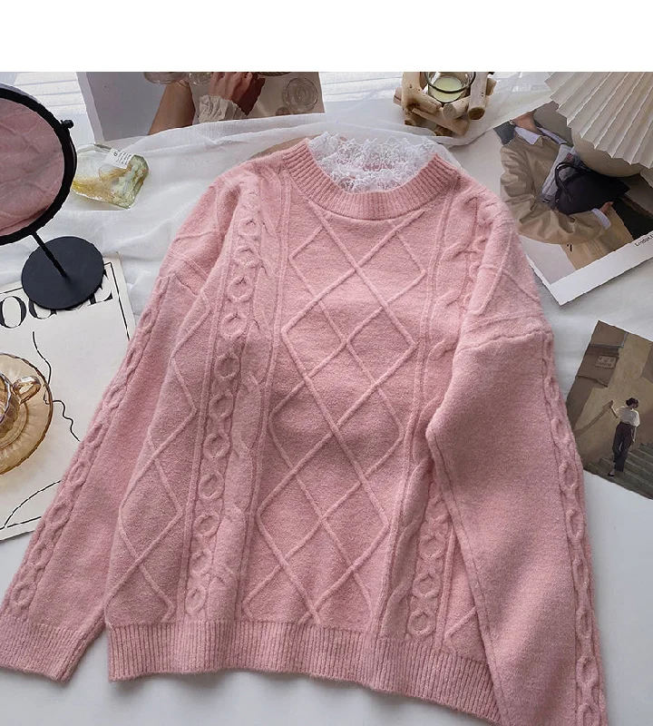 Tropical Style Korean lace edge round neck long sleeve design top  5985